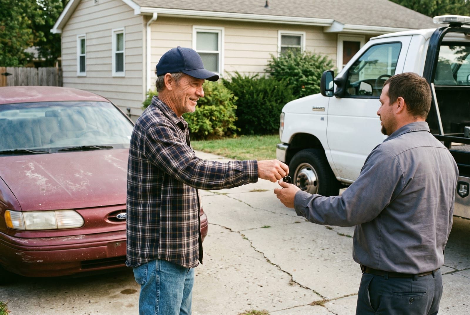 A man hands his car keys to a tow truck driver in his driveway