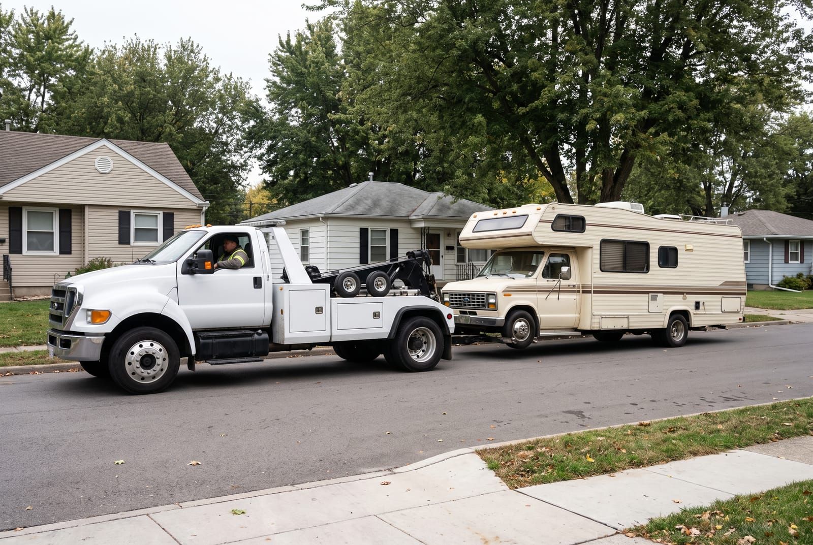 A heavy-duty tow truck arriving at a motorhome parked on a residential street