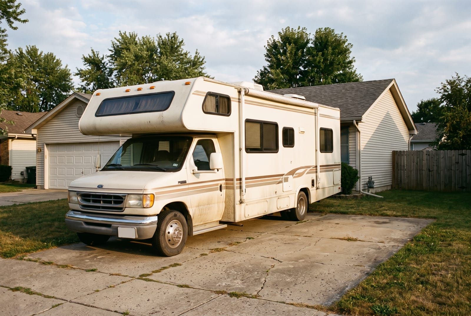 A Class C motorhome parked in the driveway of a house