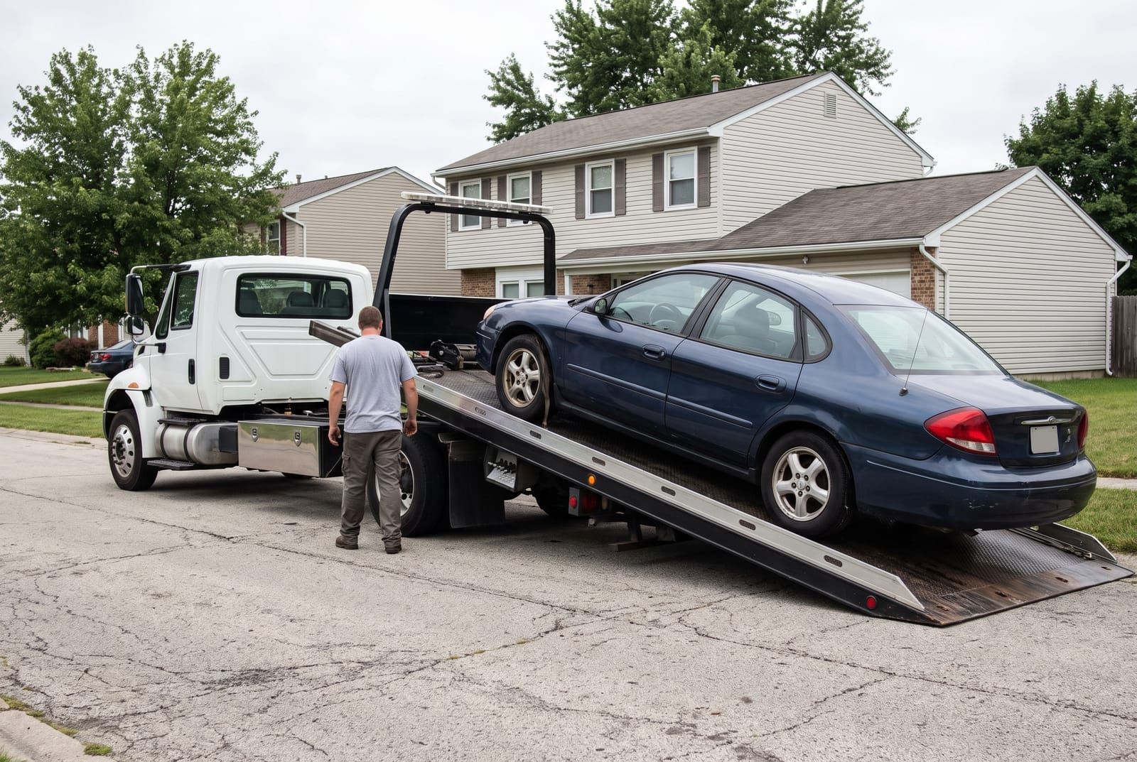 A tow truck collecting a vehicle outside a house