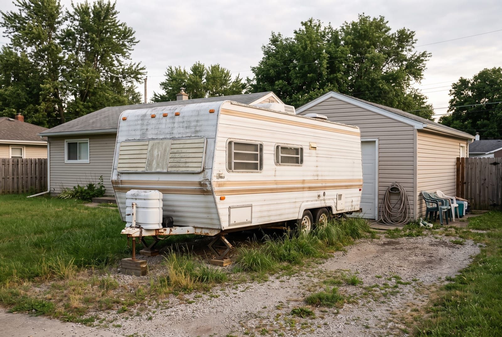 An older travel trailer parked beside a garage