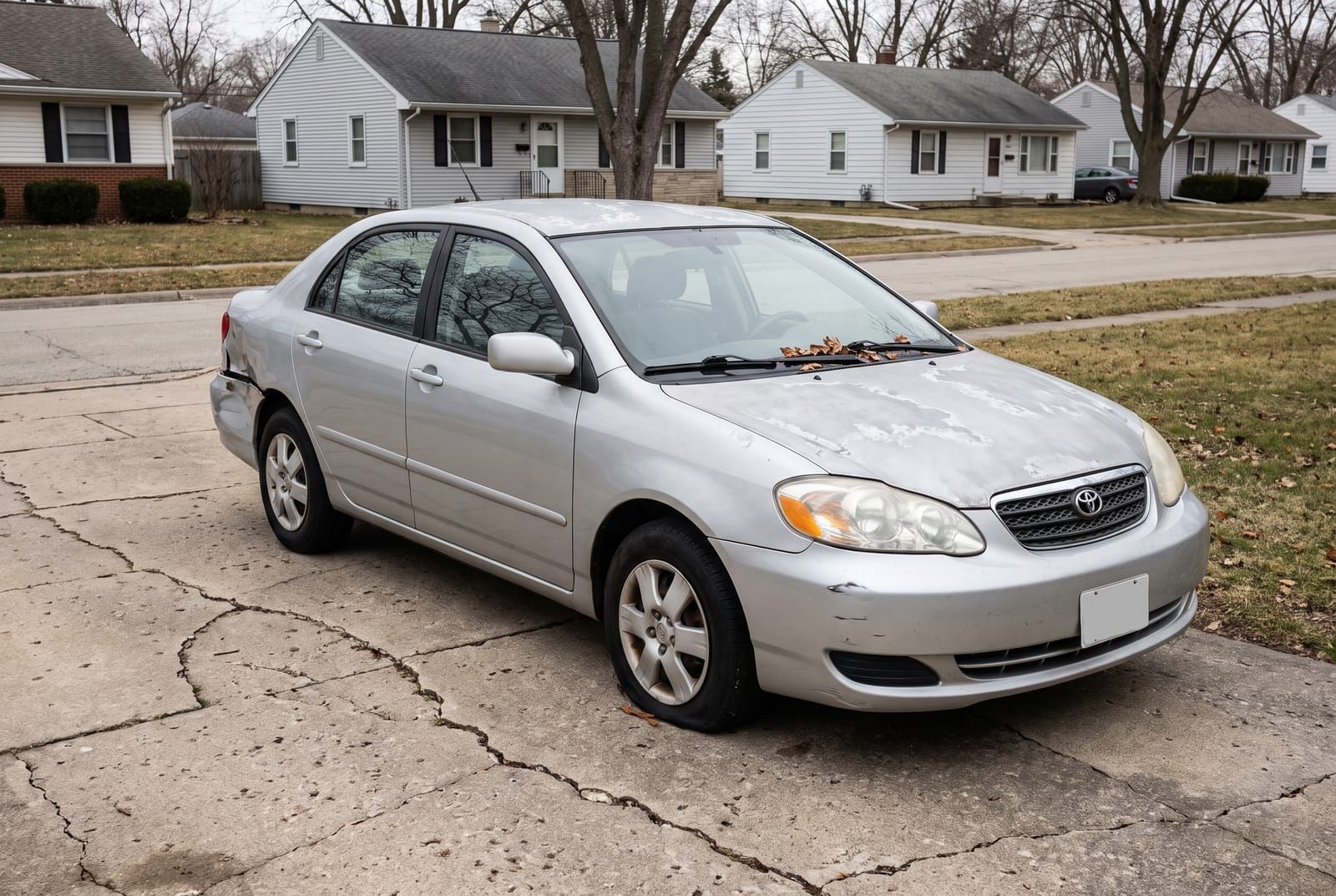An older silver sedan with faded paint and a dented bumper on a cracked driveway